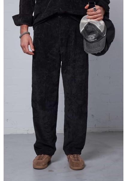 Erkek Kadife Dokulu Baggy Fit Pantolon Siyah