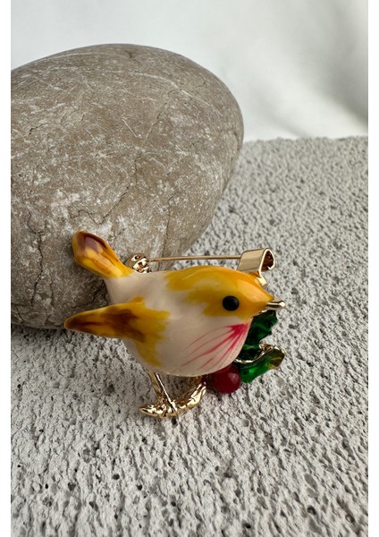Altın Rengi Yaprak Kiraz Detay Kuş Broş (3cm)