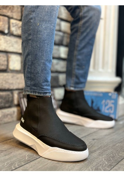 ET0150 Bağcıksız Erkek Yüksek Taban Cilt Siyah Beyaz Spor Bot