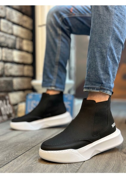 ET0150 Bağcıksız Erkek Yüksek Taban Cilt Siyah Beyaz Spor Bot fiyatları