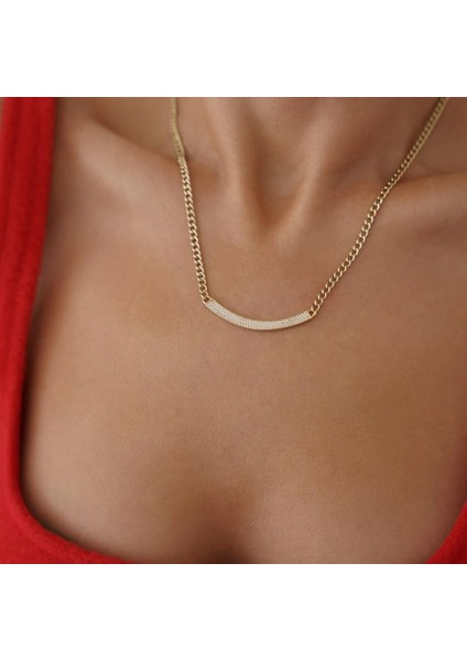 Gurmet Zincirli Taşlı Plaka Altın Kolye