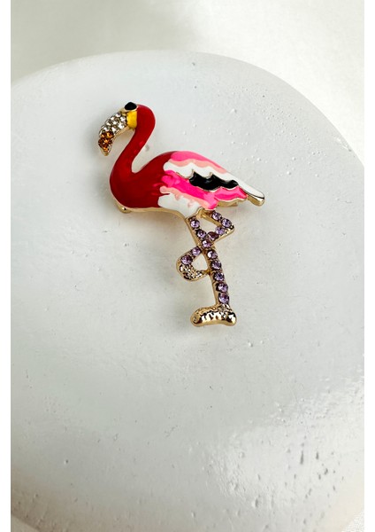 Altın Sarısı Renkli Mineli Taşlı Flamingo Broş (5cm)