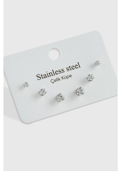 Msa-Shop 6 Adet Zirkon Tek Taşlı Çelik Küpe-Gümüş Rengi