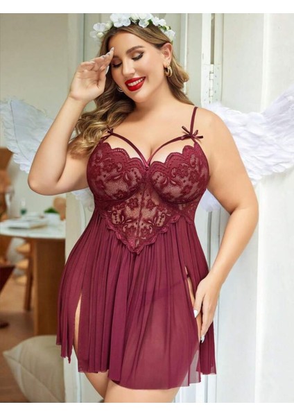 Kadın Büyük Beden Fantezi Gecelik Big Size Bordo Tül Dantel Battal Beden Fantazi Gecelik Takımı Geniş Beden Gecelik Bol Kesim Geniş Kalıp