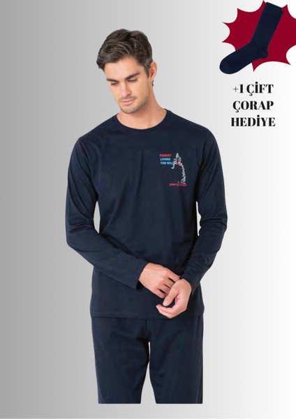 %100 Pamuklu Bisiklet Yaka Uzun Kol Düz Paça Pijama Takımı (Çorap Hediyeli)