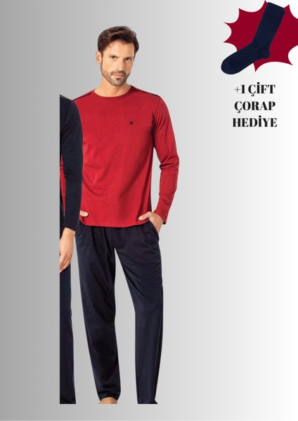 %100 Pamuklu Bisiklet Yaka Uzun Kol Düz Paça Pijama Takımı (Çorap Hediyeli)