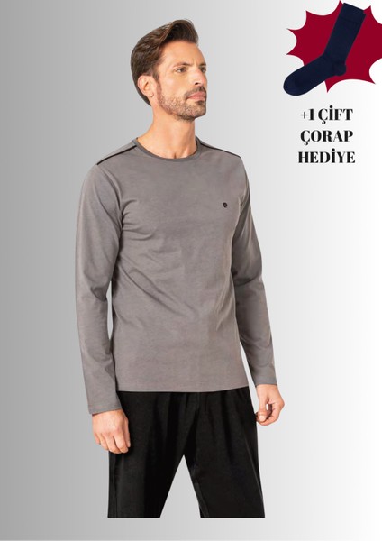 %100 Pamuklu Bisiklet Yaka Uzun Kol Düz Paça Pijama Takımı (Çorap Hediyeli)
