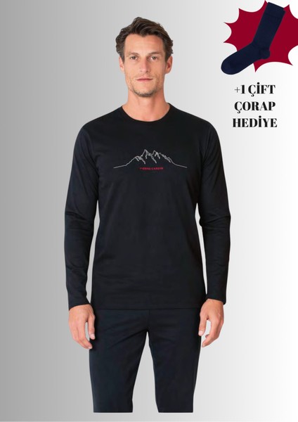 %100 Pamuklu Bisiklet Yaka Uzun Kol Düz Paça Pijama Takımı (Çorap Hediyeli)