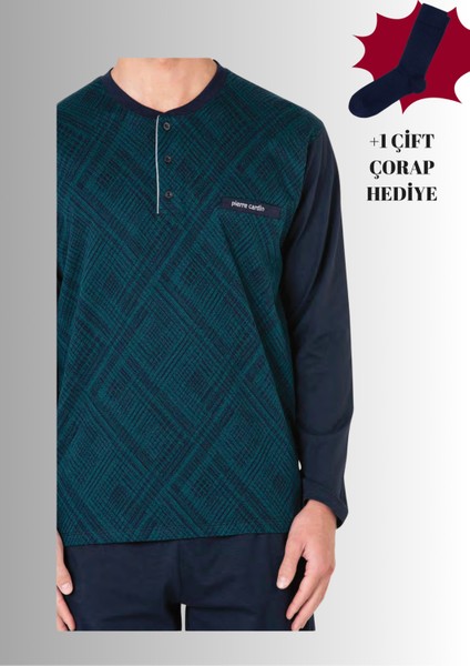 %100 Pamuklu Yarım Patlı Uzun Kol Düz Paça Jakarlı Pijama Takımı (Çorap Hediyeli)