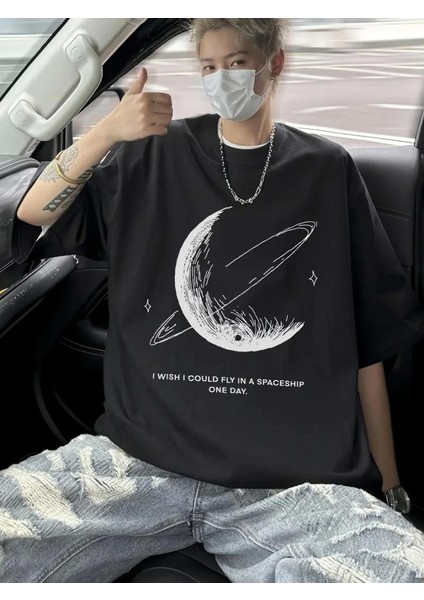 Baskılı Oversize Bisiklet Yaka T-Shirt - Siyah fırsatları