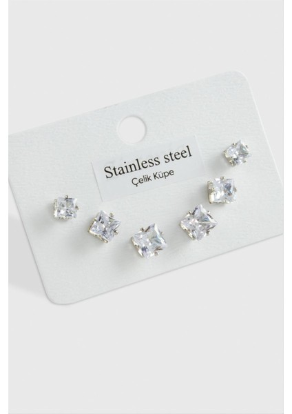 Msa-Shop 6 Adet Kare Zirkon Tek Taşlı Çelik Küpe Büyük Kare -Gümüş Rengi