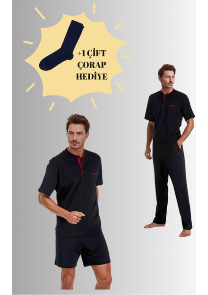 %100 Pamuklu Lacivert Kutulu 4'lü Erkek Çeyiz Pijama Takımı (1 Çift Çorap Hediyeli) 6PQI4EKR8RKE1.4L