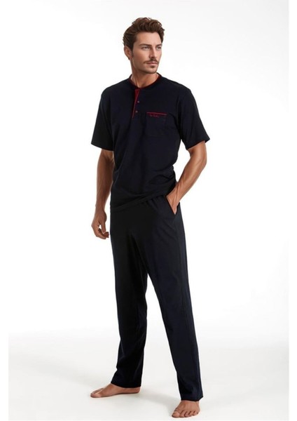 %100 Pamuklu Lacivert Kutulu 4'lü Erkek Çeyiz Pijama Takımı (1 Çift Çorap Hediyeli) 6PQI4EKR8RKE1.4L fiyatları