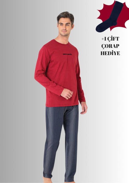 %100 Pamuklu Bisiklet Yaka Uzun Kol Düz Paça Pijama Takımı (Çorap Hediyeli)