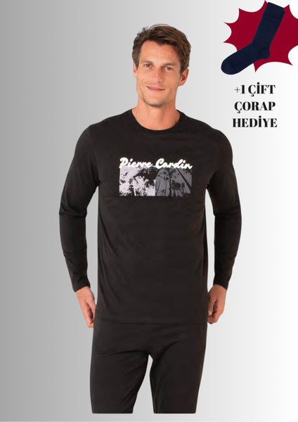 %100 Pamuklu Bisiklet Yaka Uzun Kol Düz Paça Pijama Takımı (Çorap Hediyeli)