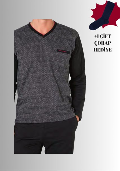 %100 Pamuklu V Yaka Uzun Kol Düz Paça Jakarlı Pijama Takımı (Çorap Hediyeli)