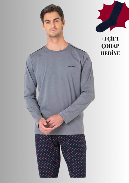 %100 Pamuklu Bisiklet Yaka Uzun Kol Düz Paça Pijama Takımı (Çorap Hediyeli)
