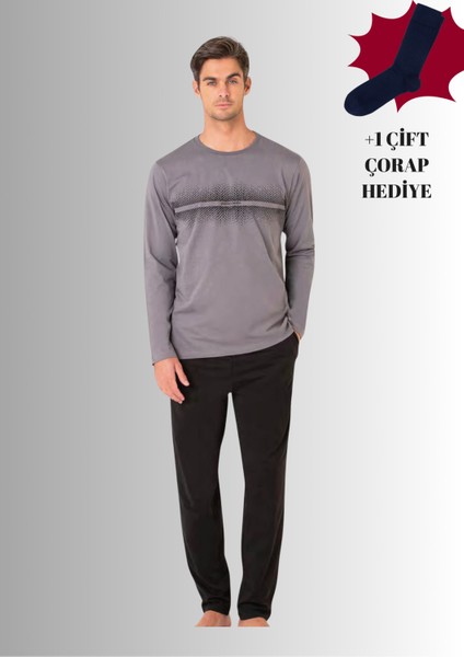 %100 Pamuklu Bisiklet Yaka Uzun Kol Düz Paça Pijama Takımı (Çorap Hediyeli)