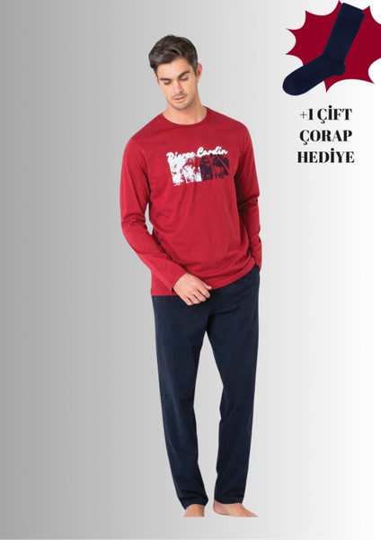 %100 Pamuklu Bisiklet Yaka Uzun Kol Düz Paça Pijama Takımı (Çorap Hediyeli)