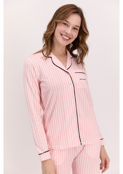 Kadın Pembe Çizgili Pamuklu Modal Boydan Patlı Kutulu Pijama Takımı Q9.u.8o.k7.k.a6.p.c