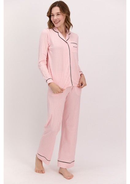 Kadın Pembe Çizgili Pamuklu Modal Boydan Patlı Kutulu Pijama Takımı Q9.u.8o.k7.k.a6.p.c indirimleri