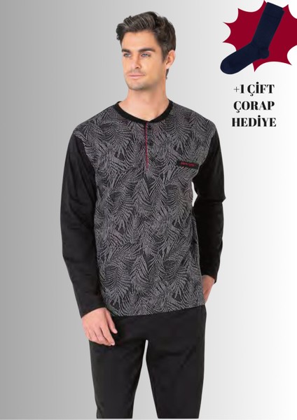 %100 Pamuklu Yarım Patlı Uzun Kol Düz Paça Jakarlı Pijama Takımı (Çorap Hediyeli)