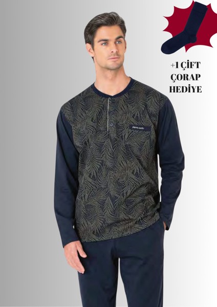 %100 Pamuklu Yarım Patlı Uzun Kol Düz Paça Jakarlı Pijama Takımı (Çorap Hediyeli)