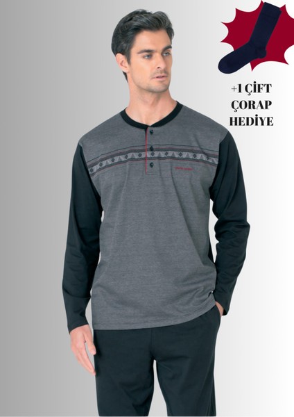 %100 Pamuklu Yarım Patlı Uzun Kol Düz Paça Jakarlı Pijama Takımı (Çorap Hediyeli)