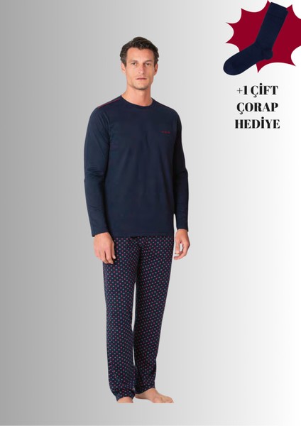 %100 Pamuklu Bisiklet Yaka Uzun Kol Düz Paça Pijama Takımı (Çorap Hediyeli)
