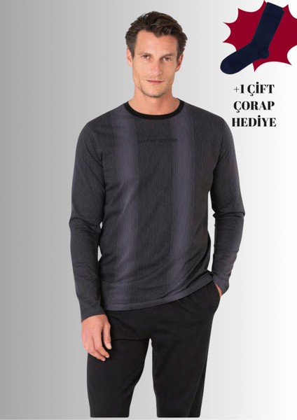 %100 Pamuklu Bisiklet Yaka Uzun Kol Düz Paça Pijama Takımı (Çorap Hediyeli)