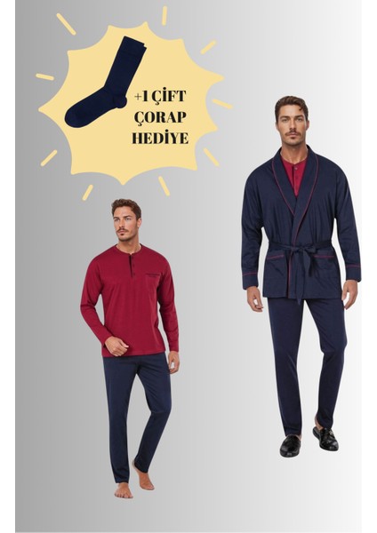 Robdöşambırlı Pijama Takımı 3'lü Kutulu Damat Çeyiz Seti (1 Çift Çorap Hediyeli) 6PQI7EKR1RKE6.4L