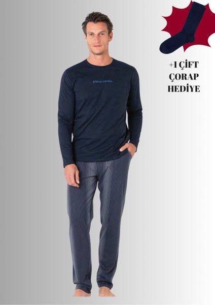%100 Pamuklu Bisiklet Yaka Uzun Kol Düz Paça Pijama Takımı (Çorap Hediyeli)