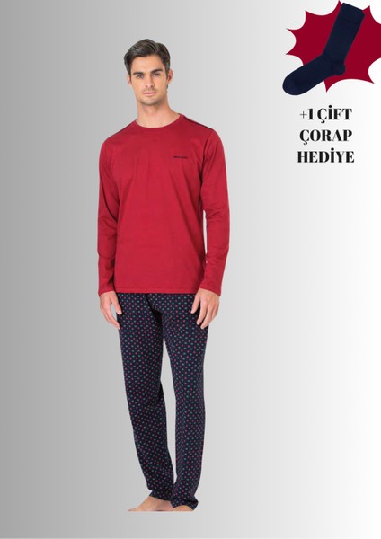 %100 Pamuklu Bisiklet Yaka Uzun Kol Düz Paça Pijama Takımı (Çorap Hediyeli)