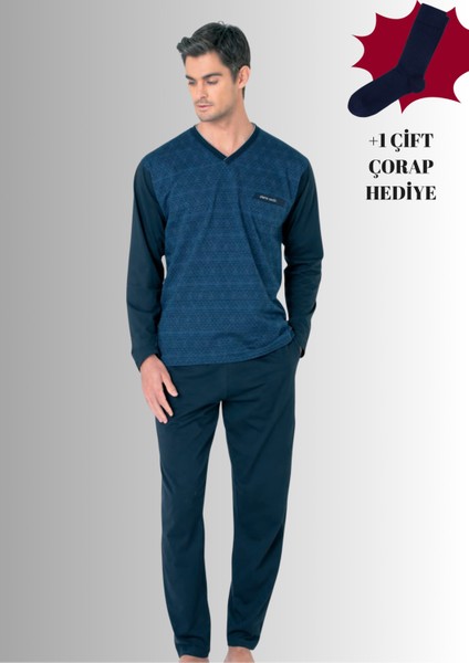 %100 Pamuklu V Yaka Uzun Kol Düz Paça Jakarlı Pijama Takımı (Çorap Hediyeli)