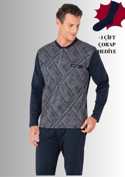 %100 Pamuklu Yarım Patlı Uzun Kol Düz Paça Jakarlı Pijama Takımı (Çorap Hediyeli)