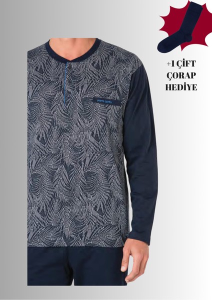 %100 Pamuklu Yarım Patlı Uzun Kol Düz Paça Jakarlı Pijama Takımı (Çorap Hediyeli)