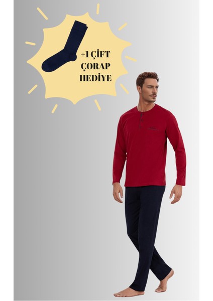 %100 Pamuklu Bordo Kutulu Erkek Çeyiz Pijama Takımı (1 Çift Çorap Hediyeli) 6PQI5EKR6RKE5.3L