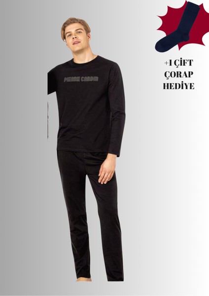 %100 Pamuklu Bisiklet Yaka Uzun Kol Düz Paça Pijama Takımı (Çorap Hediyeli)