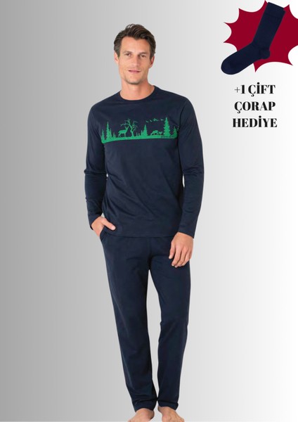 %100 Pamuklu Bisiklet Yaka Uzun Kol Düz Paça Pijama Takımı (Çorap Hediyeli)