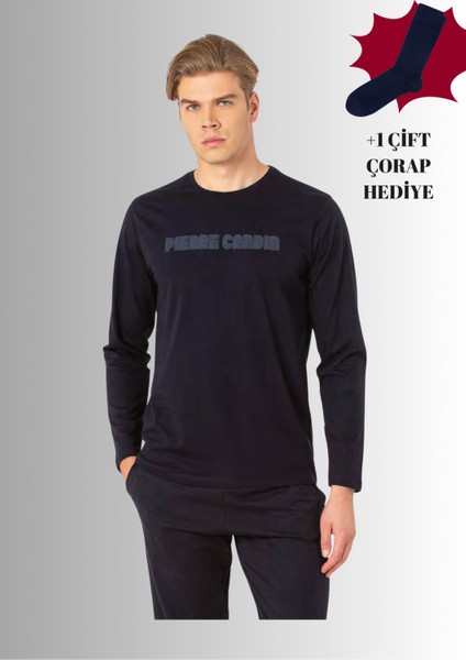 %100 Pamuklu Bisiklet Yaka Uzun Kol Düz Paça Pijama Takımı (Çorap Hediyeli)