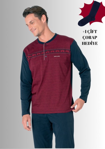 %100 Pamuklu Yarım Patlı Uzun Kol Düz Paça Jakarlı Pijama Takımı (Çorap Hediyeli)