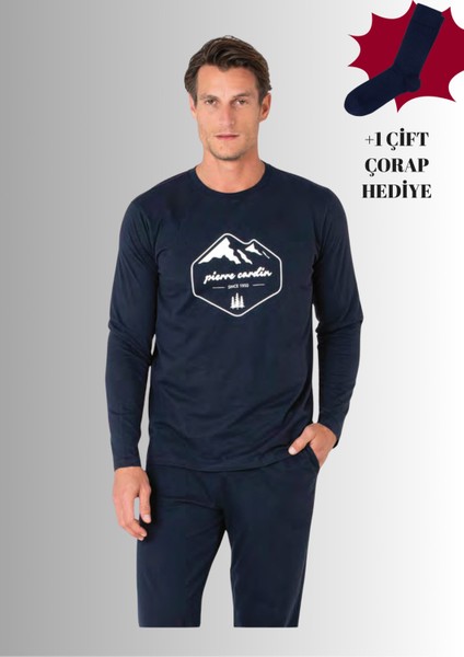 %100 Pamuklu Bisiklet Yaka Uzun Kol Düz Paça Pijama Takımı (Çorap Hediyeli)