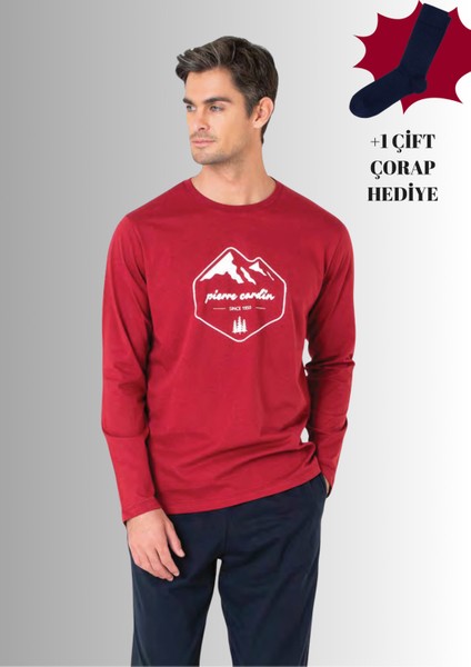 %100 Pamuklu Bisiklet Yaka Uzun Kol Düz Paça Pijama Takımı (Çorap Hediyeli)