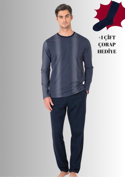 %100 Pamuklu Bisiklet Yaka Uzun Kol Düz Paça Pijama Takımı (Çorap Hediyeli)