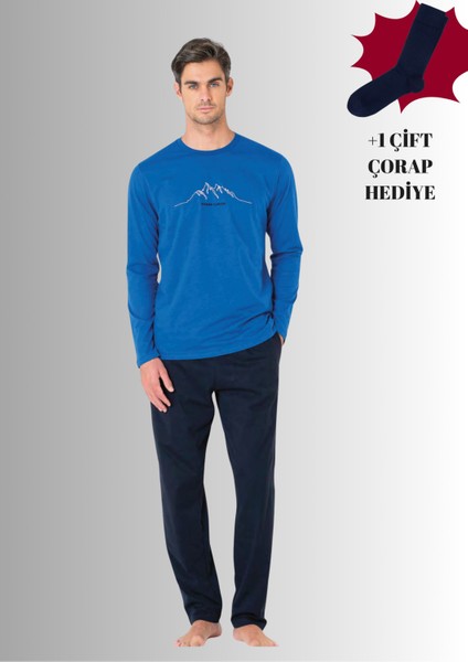%100 Pamuklu Bisiklet Yaka Uzun Kol Düz Paça Pijama Takımı (Çorap Hediyeli)