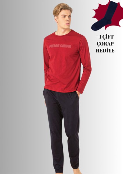 %100 Pamuklu Bisiklet Yaka Uzun Kol Düz Paça Pijama Takımı (Çorap Hediyeli)