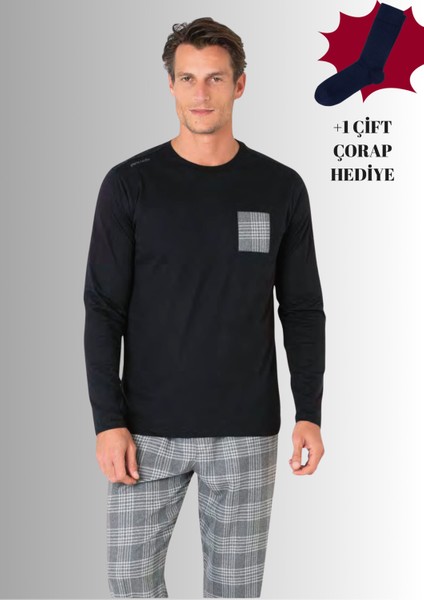 %100 Pamuklu Bisiklet Yaka Uzun Kol Düz Paça Pijama Takımı (Çorap Hediyeli)