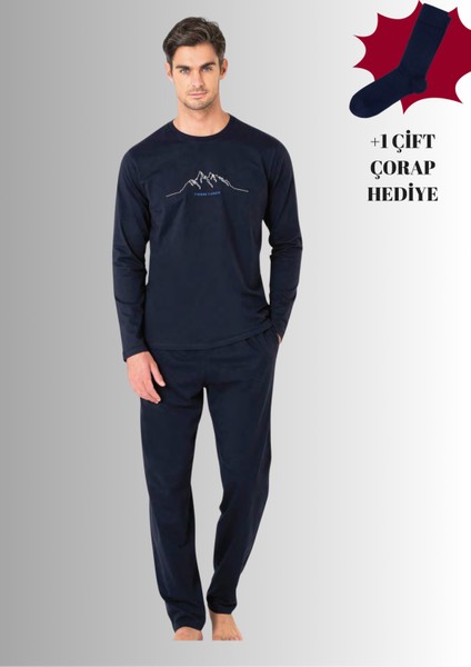 %100 Pamuklu Bisiklet Yaka Uzun Kol Düz Paça Pijama Takımı (Çorap Hediyeli)