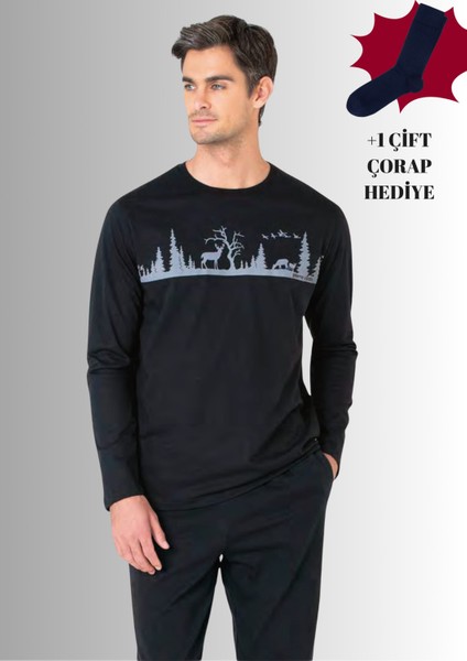 %100 Pamuklu Bisiklet Yaka Uzun Kol Düz Paça Pijama Takımı (Çorap Hediyeli)