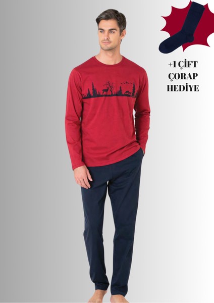 %100 Pamuklu Bisiklet Yaka Uzun Kol Düz Paça Pijama Takımı (Çorap Hediyeli)